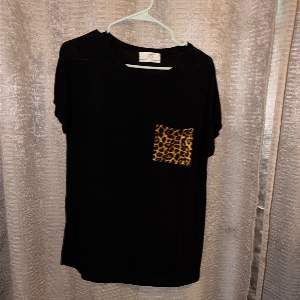 LEX Black Tee with Leopard Print Pocket
